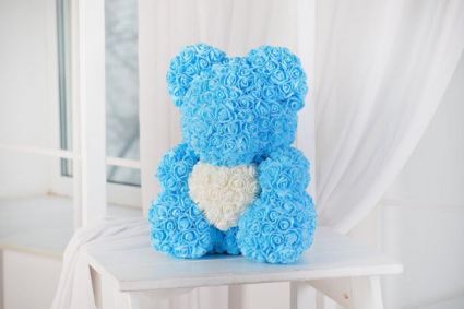 blue rose bear with box