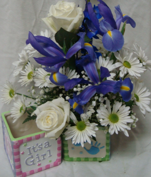Baby boy arrangement in blues and whites or Baby  Girl arrangement in pinks and whites