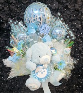 Baby Boy Balloon Arrangement Container of Baby Boy Items