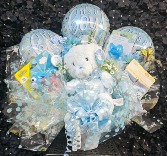 Baby Boy Balloon Arrangement Container of Baby Boy Items