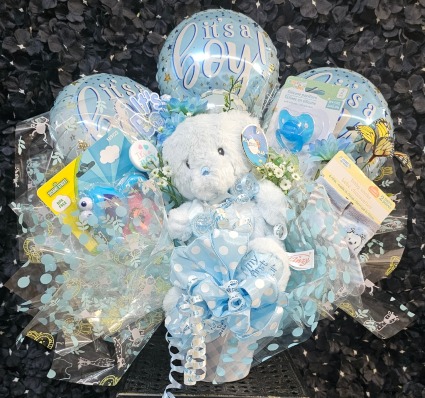 Baby Boy Balloon Arrangement Container of Baby Boy Items
