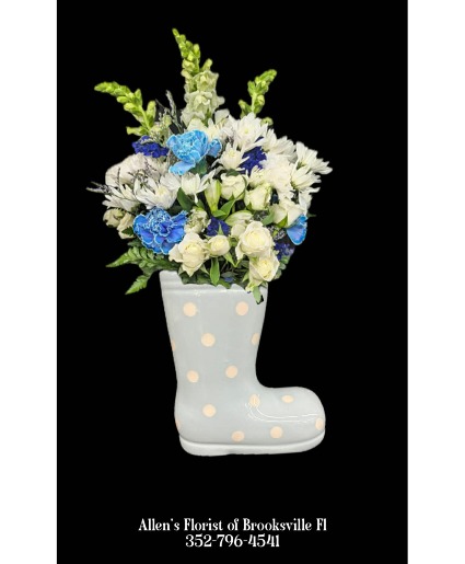 Baby Boy Bootie Fresh cut flowers in a ceramic container