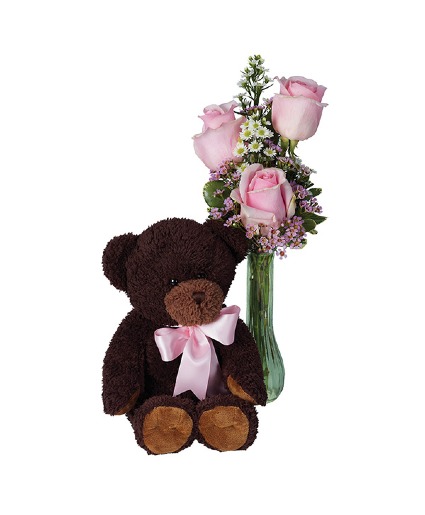 Baby Girl 1st Bouquet Bundle  Bud Vase & Bear