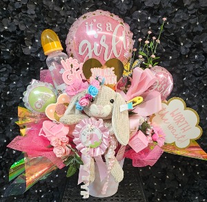 Baby Girl Balloon Arrangement Container of Baby Girl Items