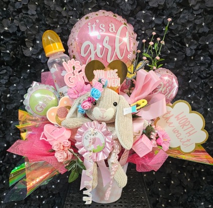 Baby Girl Balloon Arrangement Container of Baby Girl Items