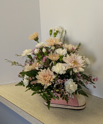 Baby Girl arrangement in a shoe NFS-BGShoe