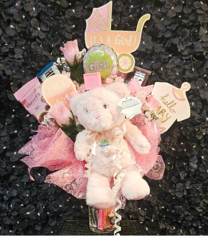 Baby Girl Candy Arrangement Various Candy and Baby Girl Items