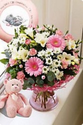Baby Girl Combo Flower arrangement, Balloon & Bear