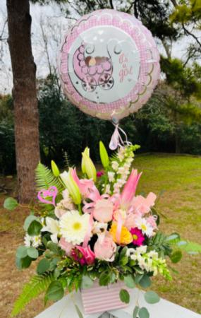Baby Girl Flower Arrangement with Balloon   in Brenham, TX | BRENHAM WILDFLOWERS FLORIST