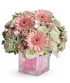 BABY GIRLS FIRST BOCK FLOWER ARRANGEMENT