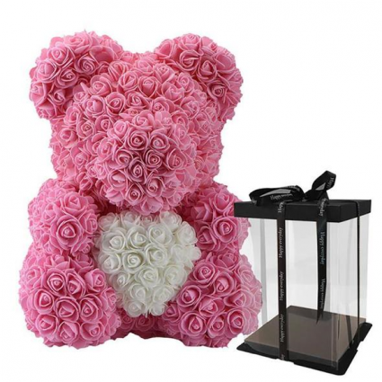 BABY PINK ROSE BEAR HUGGING WHITE HEART