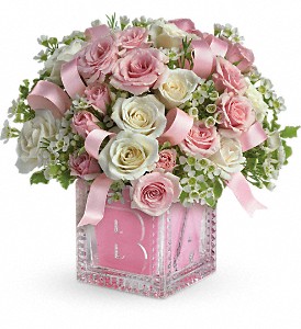 Baby's First Block by Teleflora Vase Arrangmen - Pink Flowers