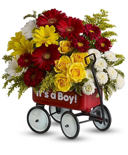 Baby's Wow Wagon Boy Baby Arrangement in a cart