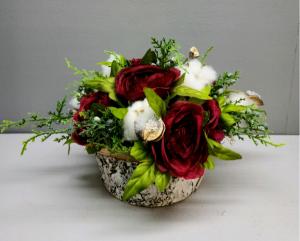 Bark round container with cotton and red roses Silk Arrangement (ARTIFICIAL)