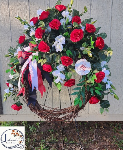 Basball Theme Grapevine Wreath with red and white silk roses and glads