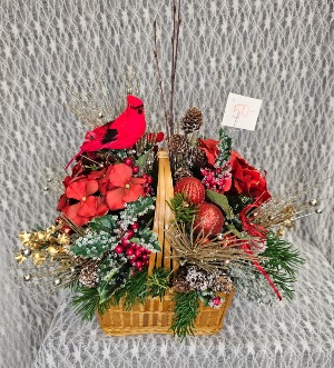 Basket w/ Cardinal, Silk Flowers and Greenery 