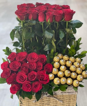 Basket with roses and chocolates 
