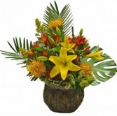 Basketful of Tropics  Cut flowers in oasis in basket