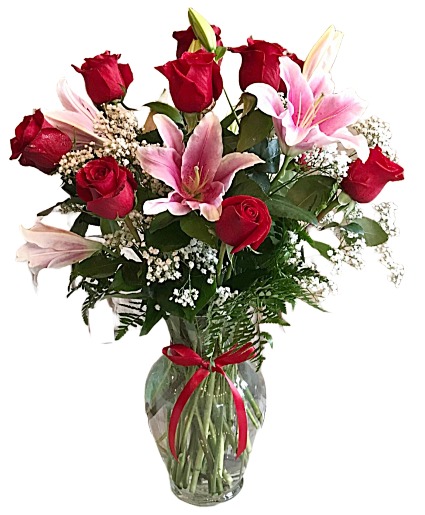 One Dozen Red Roses And Stargazer Lillies 