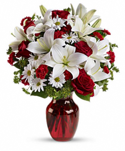 Be My Love Vased Arrangement of Roses, Lilies and Daisies