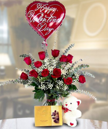 Be My Valentine Deluxe/Premium   Dozen Red Roses, Plush Bear, Chocolates, & Valentine Mylar in Southern Pines, NC | Hollyfield Design Inc.