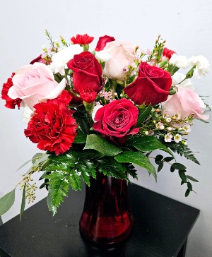 Be My Valentine Red gallery vase with roses and carnations