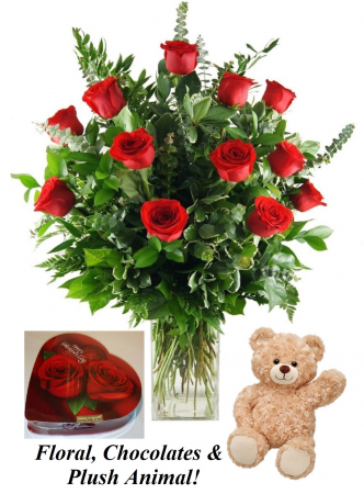 Be My Valentine's FLoral 12 Red Rose with Chocolate and Plush Bear