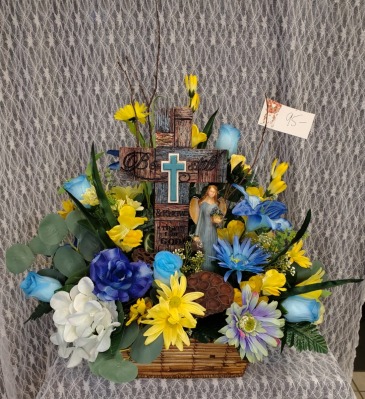 Be Still Cross w/ Angel in Silk Arrangement  in Fort Wayne, IN | MORING'S FLOWERS & GIFTS, INC.