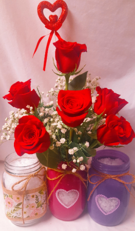 "Be Sweet Bouquet" 6 Red Roses in a cute   mason jar (we will select red mason jar as first choice...limited ) 