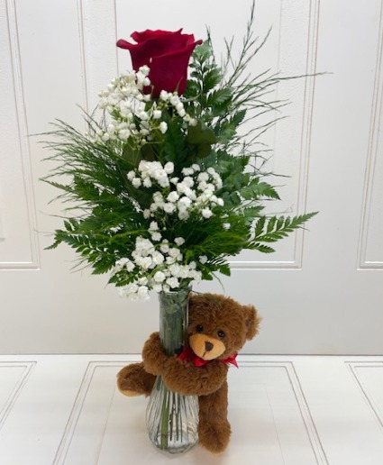 Bear Hug Vase with 1 rose  