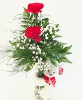 Bear Hug Vase with 2 Carnations  