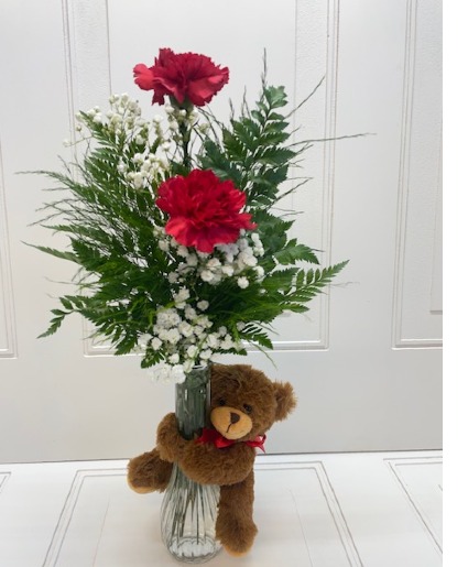 Bear Hug Vase with 2 Carnations  