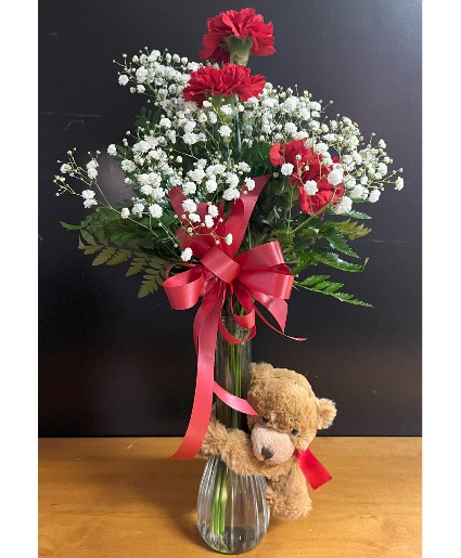 Bear hug with Carnations vase with plush animal