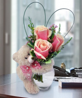 Bear Hugs vase of roses with Bear