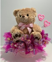 Bear in a pink box with chocolates 