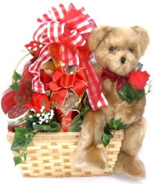 BEARING A BASKET OF LOVE  Gift Basket with  Bear Holding A Real Rose