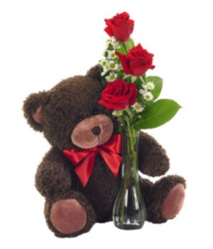 Beary Lovely Roses  3 Rose budvase with Cuddly Bear 