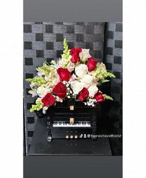 Beautiful as music Fresh flower designed in a functional piano, handbag purse strap included