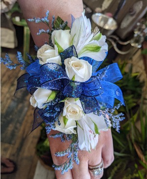 Beautiful Blue Prom Corsage with bow- Blue bow, white flowers
