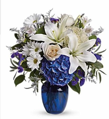 BEAUTIFUL IN BLUE Beautiful blue and white mix in a cobalt blue vase in Wellston, OK | Chelle's Petals