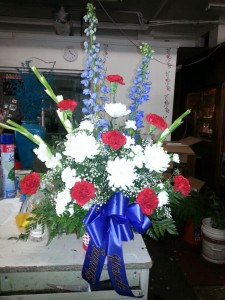Beautiful in red,white & Blue  Sympathy vase bouquet
