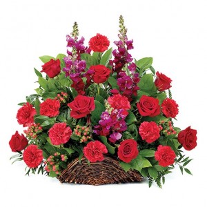 BEAUTIFUL THOUGHTS RED ROSES, RED CARNATIONS AND RED BERRIES ARRANGEMENT