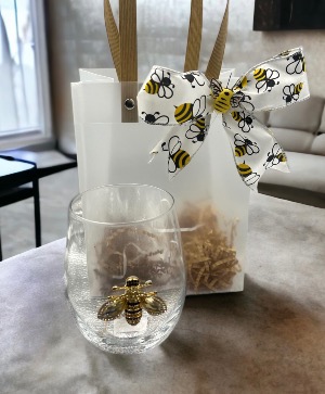 Bejeweled Wine Glass with Bee Ribbon Bag  Queen Bee Collection 