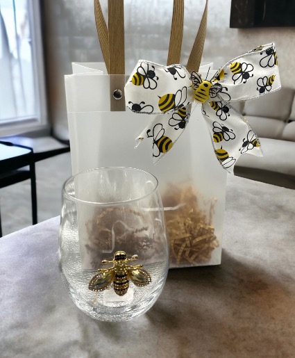Bejeweled Wine Glass with Bee Ribbon Bag  Queen Bee Collection 