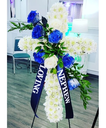 Beloved Blue Cross  Standing Spray in Bear, DE | S&M Flowers