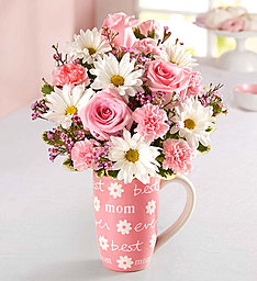 Best Mom Mug Arrangment Pink roses, daisies, carnations