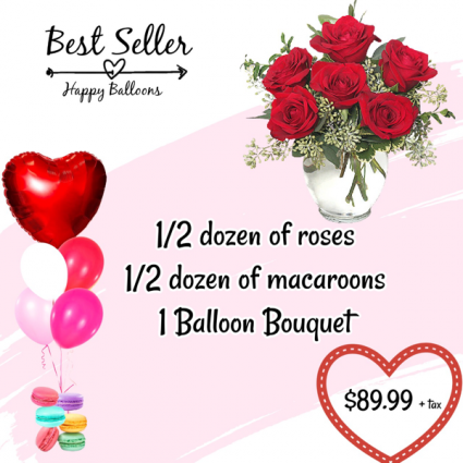  Best seller 1/2 doz roses, balloonBouquet .1/2 Macaroons 