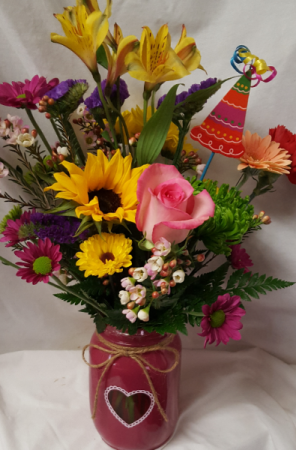 Birthday Heart Mason Jar Bouquet...seasonal Mixed flowers in a heart mason jar with a Birthday pic!