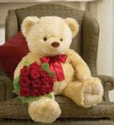 BIG BEAR WITH ONE DOZEN LONG STEM RED ROSES 