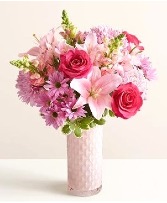 Big Hugs for Mom! In Pink textured Vase w/ Gold Rim
